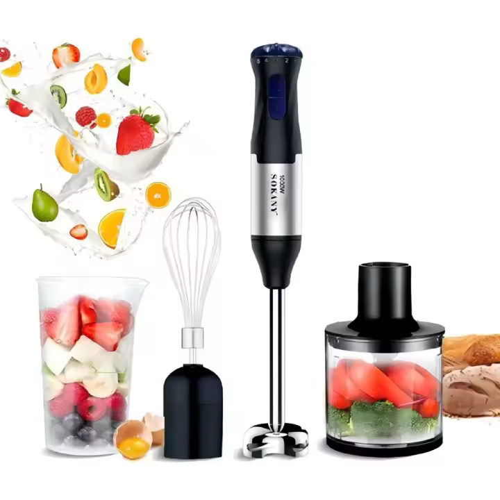 Batidora de mano 1000W |   2 cuchillas de acero inoxidable |   varilla de acero inoxidable |   turbina |   Ergonómico |   Antisalpicaduras |   Desmontable |   Lavavajillas |   Incluye accesorios - 1