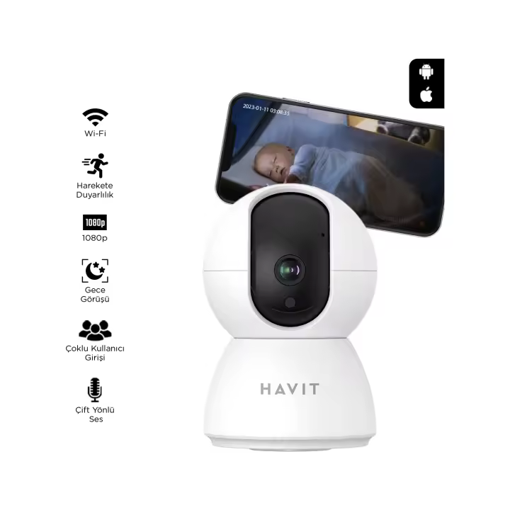 Cámara IP Havit IPC30 Smart 360° 2K con Visión Nocturna, WiFi, Detección de Movimiento AI, Audio Bidireccional, Compatible con TUYA, Google Assistant y Alexa, Soporte Micro SD 128GB, Resolución 3MP, WDR, Infrarrojo 940nm, Adaptador de Corriente Incluido. - 1