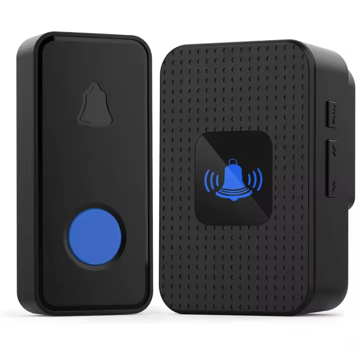 Timbre inalámbrico para Exterior, resistant to Agua IP55, alance de 300 m, 55 melodías, 5 niveles de Volumen, Luz LED Azul (ideal para Emergencias en casa o en la Oficina), color Negro. - 1
