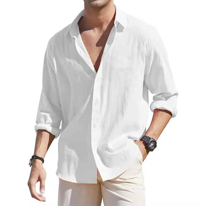 Camisa De Algodón Y Lino Para Hombre Ligera Transpirable Casual Con Mangas Largas Para Vacaciones Estilo Versátil Botones Abiertos - 1