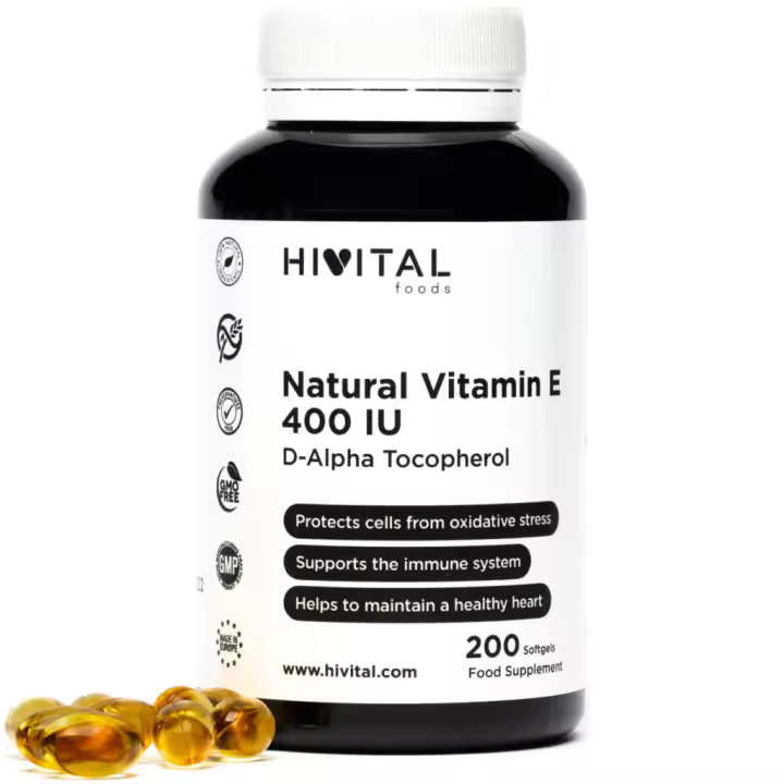 Vitamina E Natural 400 UI  200 perlas, (Más de 6 meses de suministro). Hivital - 1