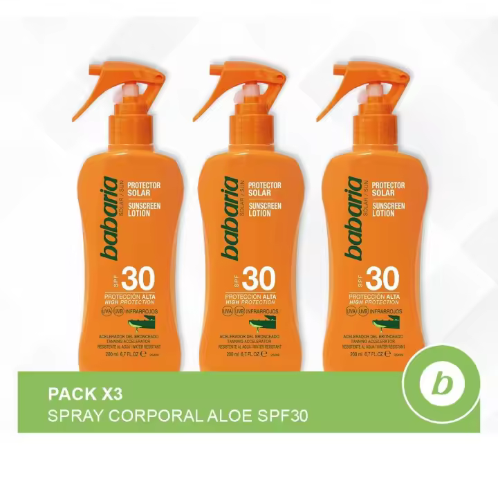 Babaria Pack 3x Spray Corporal Aloe SPF30: Spray Protector Solar Cicatrizante, Regenerador y Hidratante para una Protección Completa - 1