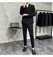 Traje De Negocios Slim Fit Doble Botón De Color Sólido Dos Piezas Coreano Elegante Para Hombres Con Pantalones Talla S-7XL - details 11