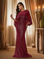 Vestido De Noche Romantic Burgundy Para Mujer Vestido De Boda Elegante De Encaje Y Spandex Sin Mangas Cuello En O Largo Floor-Length Formal Para Fiesta Y Comidas Elaborado En China - details 5