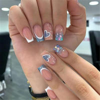 24PCS Uñas Postizas Presionadas Cortas Rosa Cuadradas Diseño De Amor Uñas Postizas Francesas Con Brillo Uñas Lindas Para Fiesta - details 0