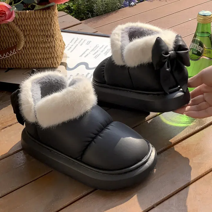 Botas De Tobillo Lindas Y Cálidas Para Mujer Con Lazo De Plush Nueva 2024 Impermeables Con Algodón Y Peluche Adecuadas Para Invierno Y Primavera - 1