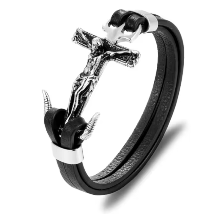 Pulsera de Cuero Crucificado Hecho en Piel Auténtica y Acero Inoxidable Hombre y Mujer - 1
