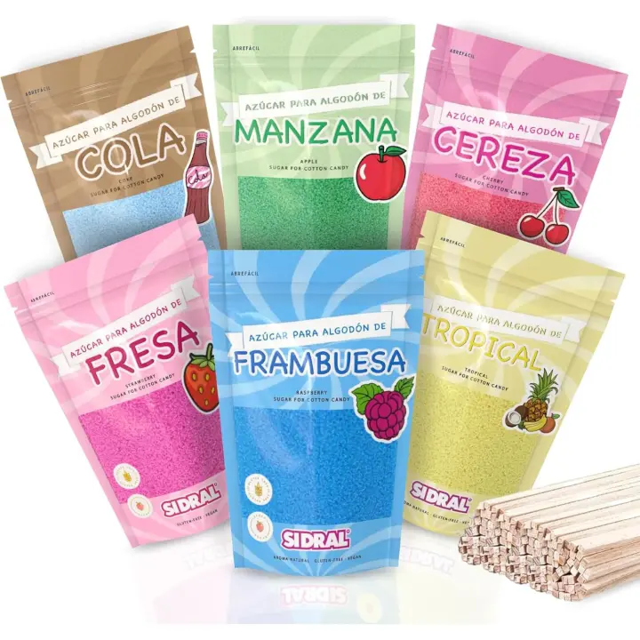 SIDRAL Azucar para Máquina Algodón 5 + 1 GRATIS (6x 250 gr) CON 50 PALITOS RECICLABLES PARA DEGUSTACION DE 6 SABORES (FRESA/FRAMBUESA/COLA/CEREZA/TROPICAL/MANZANA/ - 1