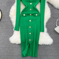 Vestido Midi De Punto REALEFT Para Mujer Con Cuello En V Manga Larga Y Falda Frontal Solta Estilo Casual Color Sólido Otoño Invierno - details 2