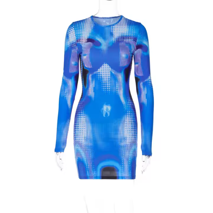 Vestido Mini De Fiesta Y2K Para Mujer Con Estampado Y Dye Tie En Invierno Con Manga Larga Y Ajustado Estilo Club Sexy Ropa De Calle - 1