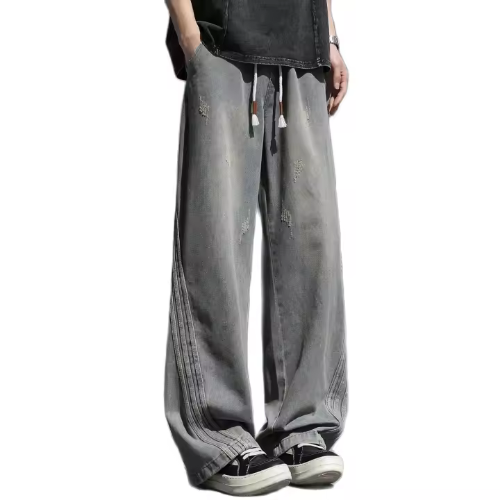Machete Jeans Para Hombres Verano Nuevo Tendencia Pantalones Americanos Anchos Con Bolsillos Grandes Lavados Estilo Wide Leg - 1