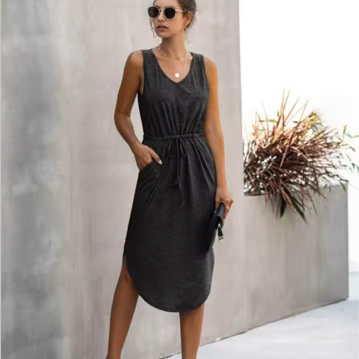 Vestido Midi Sin Mangas Para Mujer Casual Verano Algodón Sólido V-Neck Ajustable Estilo Casual Longitud Media Pierna - 1