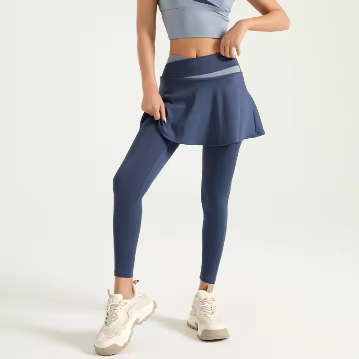 Nuevos pantalones de yoga falsos antiexposición de dos piezas con sensación de piel desnuda, alta elasticidad, combinación de colores, pantalones deportivos de cintura alta y levantamiento de cadera - 1