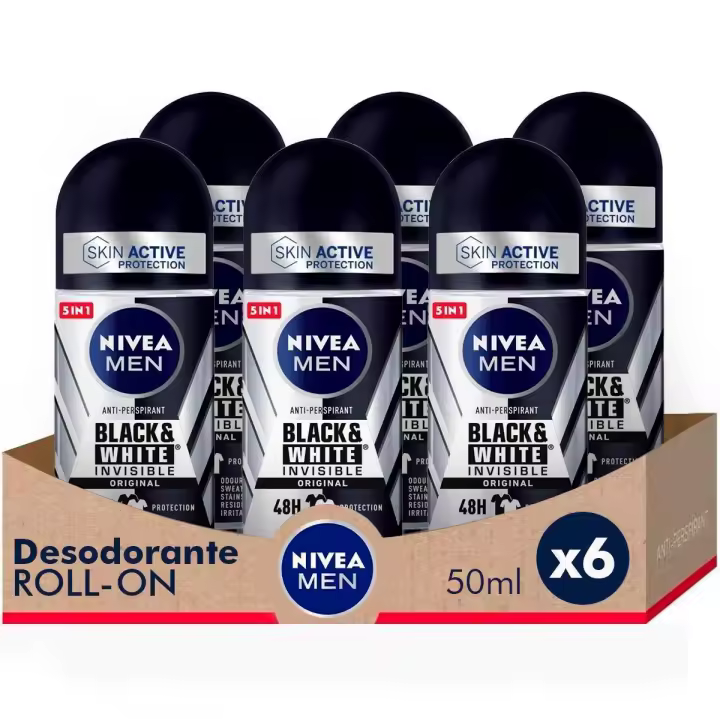 NIVEA MEN Pack ahorro - Black & White Invisible Original Roll on Desodorante para hombre 50ml x 6 unidades - 1