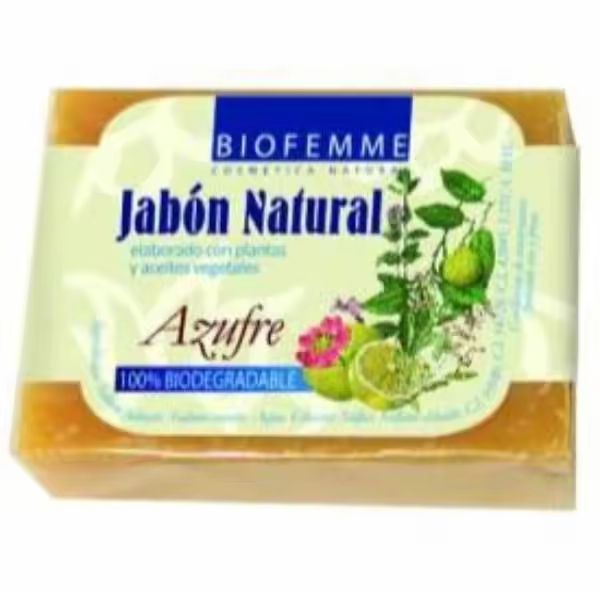 BIFEMME- Jabón de Azufre 100 g, Elaborado en Frío, con Aceites Esenciales, Miel y Esencias de Plantas, Sin Parabenos ni Conservantes, Ideal para Acné juvenil y Pieles Muy Grasas, 100% Biodegradable - 1