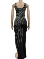 Vestido Maxi De Mujer Con Diamantes Y Abertura En Pierna Beyprern Decorado Con Rhinestones Vestido Sexy Para Fiesta Club Cumpleaños Poliéster Elástico Sin Mangas - details 2