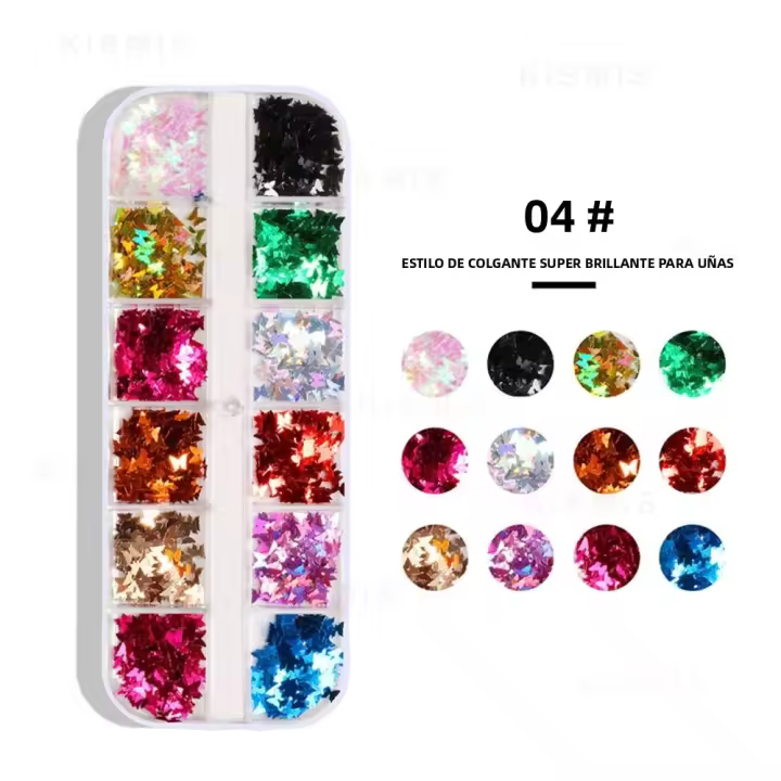 1 Caja De 12 Cuadrículas De Brillo Holográfico Uñas Secuencias Esparkly 3D Delgadas Con Mariposas Redondas Y Geométricas Decoraciones De Tela De Brillo Para Uñas - 1