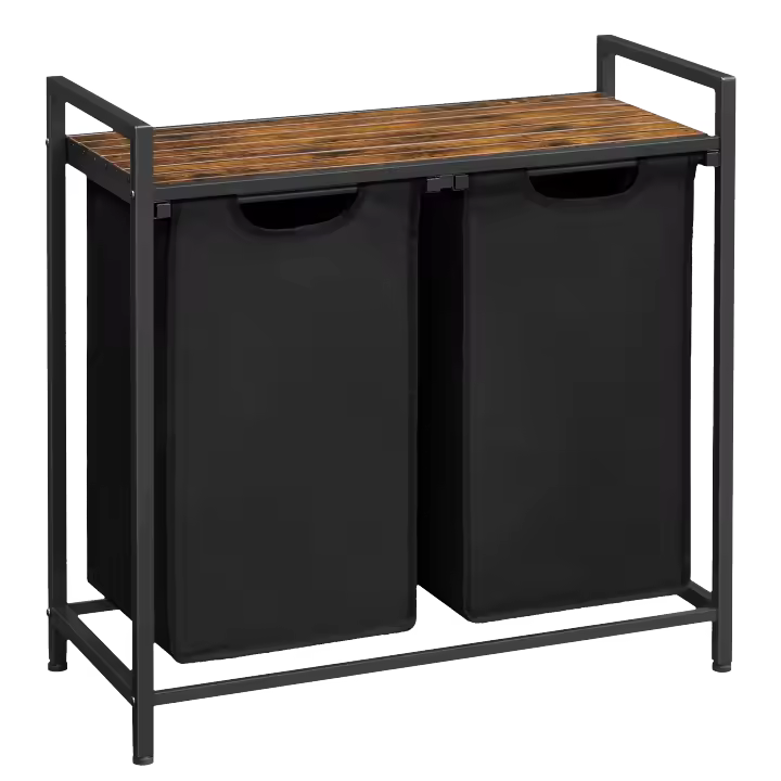 VASAGLE Cesta para la ropa sucia, 2 compartimentos, con 2 bolsas de tela Oxford extraíbles, marco de metal, 2 x 46 litros, 73 x 33 x 72 cm, Marrón Rústico y Negro/Blanco y Gris Claro/Marrón Rústico y Gris - 1