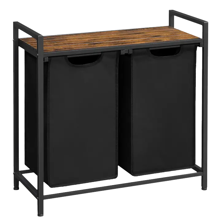 VASAGLE Cesta para la ropa sucia, 2 compartimentos, con 2 bolsas de tela Oxford extraíbles, marco de metal, 2 x 46 litros, 73 x 33 x 72 cm, Marrón Rústico y Negro/Blanco y Gris Claro/Marrón Rústico y Gris - 1