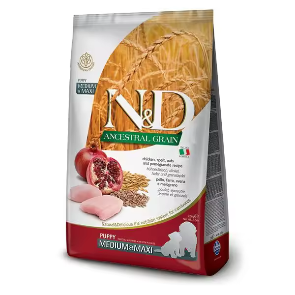 FARMINA N&D DOG PUPPY ANCESTRAL MEDIUM MAXI POLLO 2,5KG / Alimento completo para cachorros y perras gestantes o lactantes para perros de raza mediana y grande. Elaborado a base de pollo, espelta, avena y granada. - 1