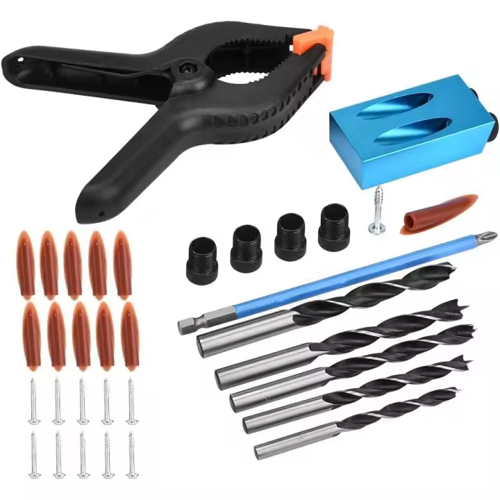 Kit de perforación de plantilla de agujero de bolsillo de 34 piezas, guía de perforación de 15°, herramienta de ubicación de posicionador oblicuo para carpintería - 1