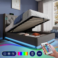 Cama tapizada Cama individual 90*200 cm, Cama de almacenamiento hidráulico en Algodón gris, Cabeza USB Typo-C tapizada con función de Carga, función LED en 3 lados (colchón no incluido) - details 4