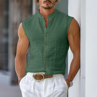 Camisa INCERUN Para Hombre De Color Sólido Cuello Erguido Sin Mangas Botones Estilo Casual Verano Moda Streetwear Tallas S-5XL - details 2