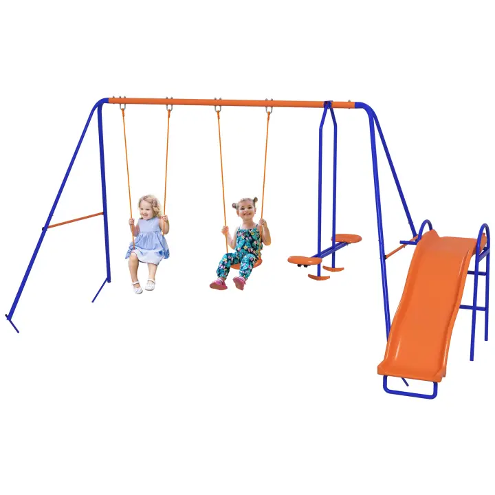 Outsunny Columpio Infantil 4 en 1 Columpio para Niños con 2 Columpios Individuales 1 Columpio del Planeador 1 Tobogán Cuerda Ajustable y Anti-UV para Exterior Multicolor - 1