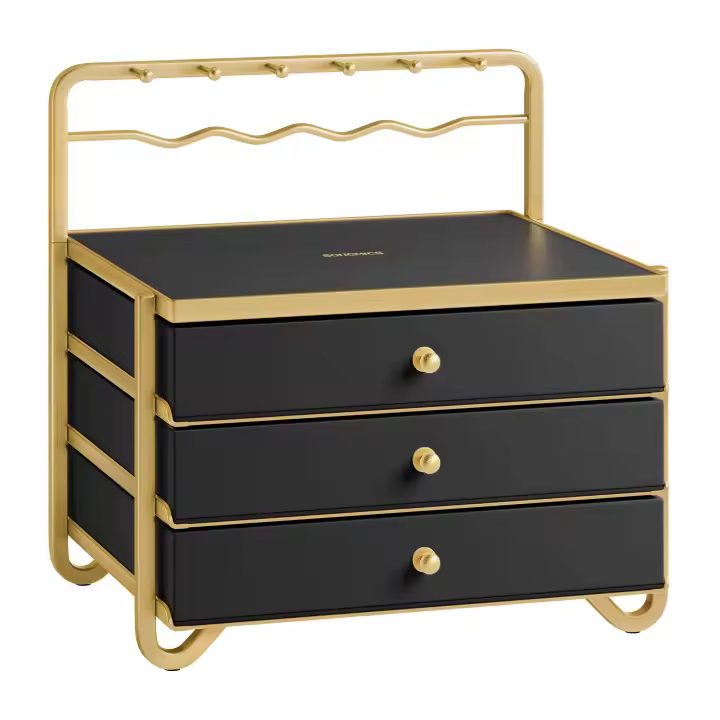 SONGMICS Joyero de 3 Niveles, Caja Organizadora de Joyas, Almacenamiento Abierto, Estante Colgante, para Tocador, Marco de Metal, 20,5 x 22,7 x 23,5 cm, Idea de Regalo, Negro Tinta/Blanco Nube - 1