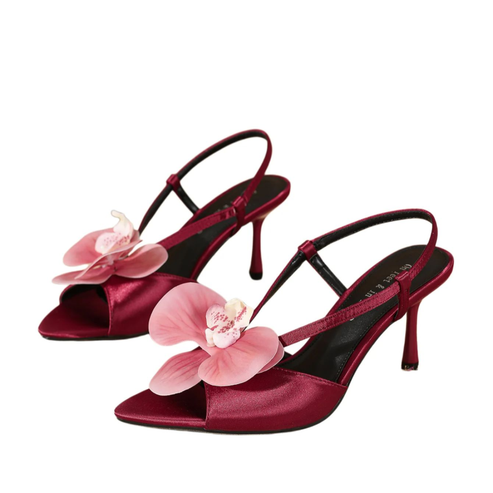 Elegantes Mules De Satén Burgundy Con Orchidáceas Tacón Alto Para Mujer Moda Verano Calzado De Tacón Delgado Para Mujer