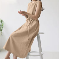 Vestido Largo De Verano Para Mujer Estilo Vintage De Algodón Y Lino Cuello Redondo Sin Mangas Cinturado Talla Grande Casual - details 9