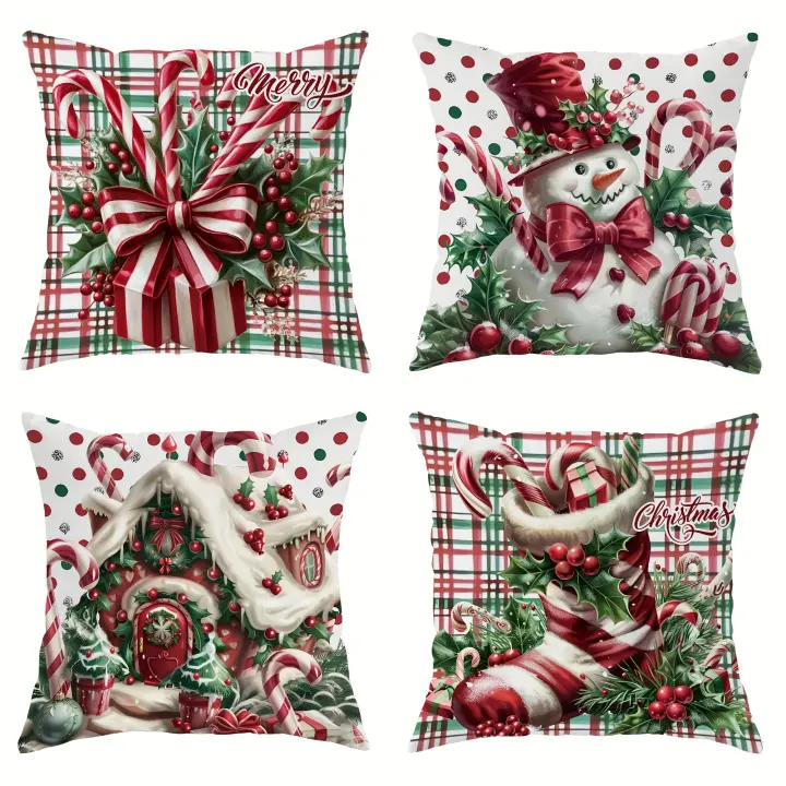 Paquete de 4 fundas de almohada de Navidad-Muñeco de Navidad Festive, Bastón de Caramelo y Diseños de regoro de vacaciones con Patrón de Cuadros - 1