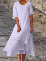Vestido Largo De Color Sólido Para Mujer Verano 2024 Vuelta En V Manga Media Irregular Ropa De Vacaciones Playa Robe Casual - details 5