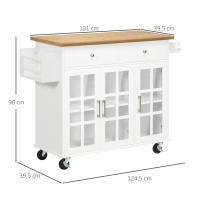 HOMCOM Carro de Cocina Isla de Cocina con Ruedas Multifuncional con 2 Cajones 3 Puertas de Vidrio Templado Toallero y Especiero 124,5x39,5x90 cm Blanco - details 2