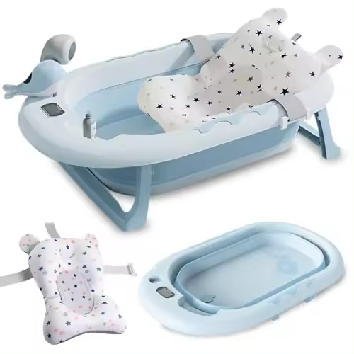 COZYNEST Bañera Bebé Plegable con Cojín Antideslizante y Termómetro, Soporte para Alcachofa de Ducha y Juguete Delfín  Bañera bebe Portátil, Compacta y Segura para Recién Nacidos y niños - 1