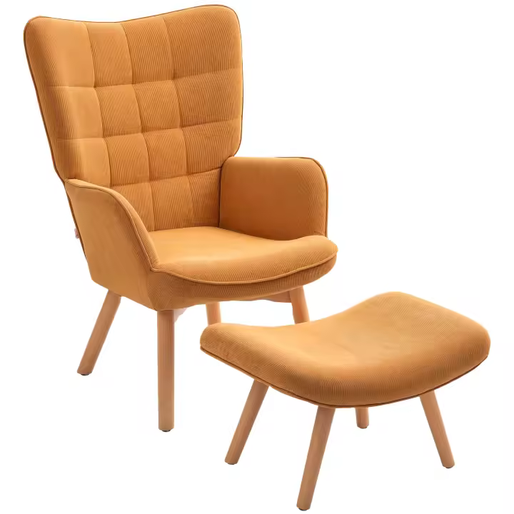 Sillón con taburete, Sillón con respaldo, de Madera patias, chaise longue de Diseño empenachado, efecto Pana, Salón, Marron - 1
