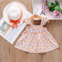 Conjunto De 2 Vestidos Y Sombreros Para Niñas Verano Estampado Floral Con Lazo Sleeves Volantes Con Suspensión Vestido De Polyester Para Bebés De 1-2 Años - details 4