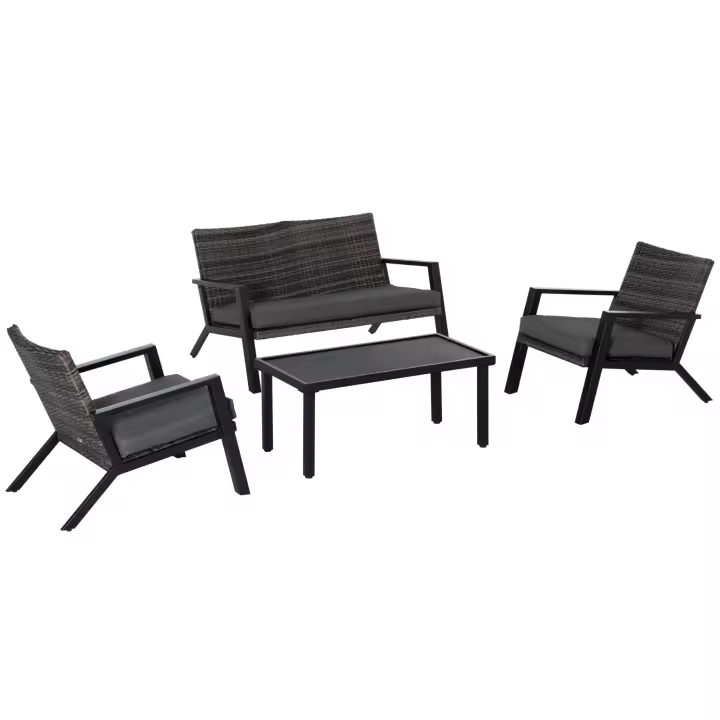 Outsunny Conjunto de Muebles de Jardín de Ratán 4 Piezas Juego de Muebles de Exterior con Sofá de 2 Plazos Sofás Individuales y Mesa de Centro para Terraza Patio Negro - 1
