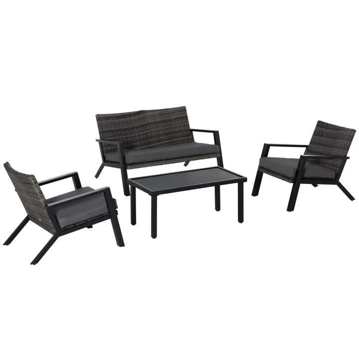 Outsunny Conjunto de Muebles de Jardín de Ratán 4 Piezas Juego de Muebles de Exterior con Sofá de 2 Plazos Sofás Individuales y Mesa de Centro para Terraza Patio Negro - 1