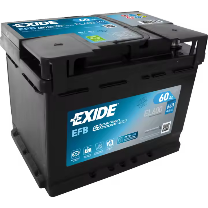 Batería de coche Exide EL600 Efb Tecnología EFB 12V 60Ah/640A Caja L2 - Alta Potencia y Durabilidad para tu Vehículo - 1