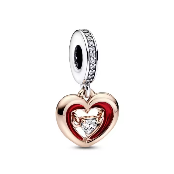 PANDORA Charm Colgante Plata de Ley y Oro Rosa 14k Corazón Radiante Dos Tonos con Circonitas y Esmalte Rojo Brillante - 1