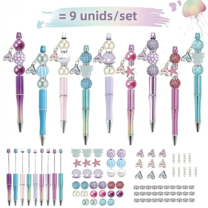 Set De 9 Piezas De Lápices De Punto De Bola DIY Con Tema De Sirena Submarina Azul Y Morado Gradient Akbar Cuentas Colgante Cola De Pez Para Oficina Y Estudio - 1