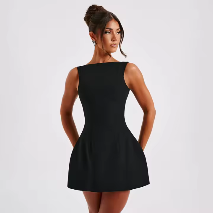 Vestido De Verano Para Mujer 2024 Estilo Europeo Y Estadounidense Cuello Redondo Sin Mangas Color Sólido Cintura Alta Manga Corta Casual Longitud De Rodilla - 1