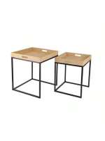 BLOOM STORE-Mesas Auxiliares para Salón Mesas Nidos de 2 Piezas,Exquisita Mesa Auxiliar Industrial, Mesa Baja Cuadrada, Mesa Auxiliar para Sofá con Tapa De Madera, Mesa Central para Sala De Estar Y Dormitorio, - details 0