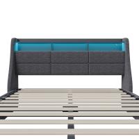 Cama baúl con somier, puertos USB Type-C y luz LED, tapizada en lino gris, 140x200 cm - details 2