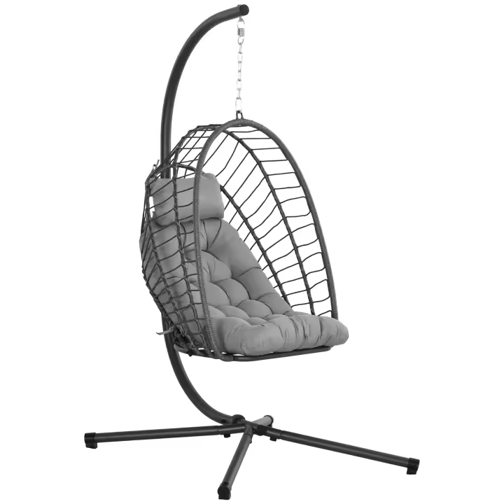 Outsunny Silla Colgante de Ratán Sillón Colgante Plegable con Cojín Reposacabezas y Marco de Acero Carga 100 kg para Interior y Exterior Gris Oscuro - 1