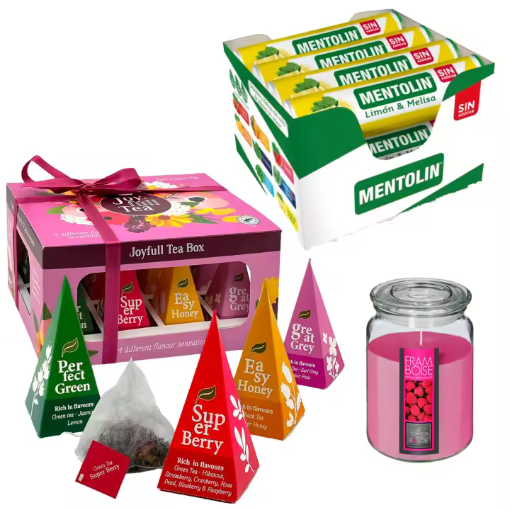 Pack relax: MENTOLIN LIMON MEL S/A TUBO 12X20G + WELL HOME - Vela perfumada de frambuesa + WELL HOME - Caja de Té Joyfull con variedad de sabores - 1