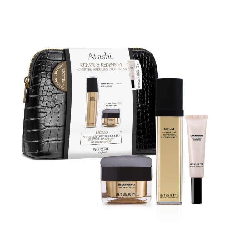 Atashi Cofre Ritual Repair & Redensify - Arrugas Profundas Booster | Sérum Redensificante Antiarrugas, 30 ml + Crema Reparadora Antiarrugas, 50 ml + K-Bioferment Contorno de Ojos Uplifting Magic Eyes, 15 ml