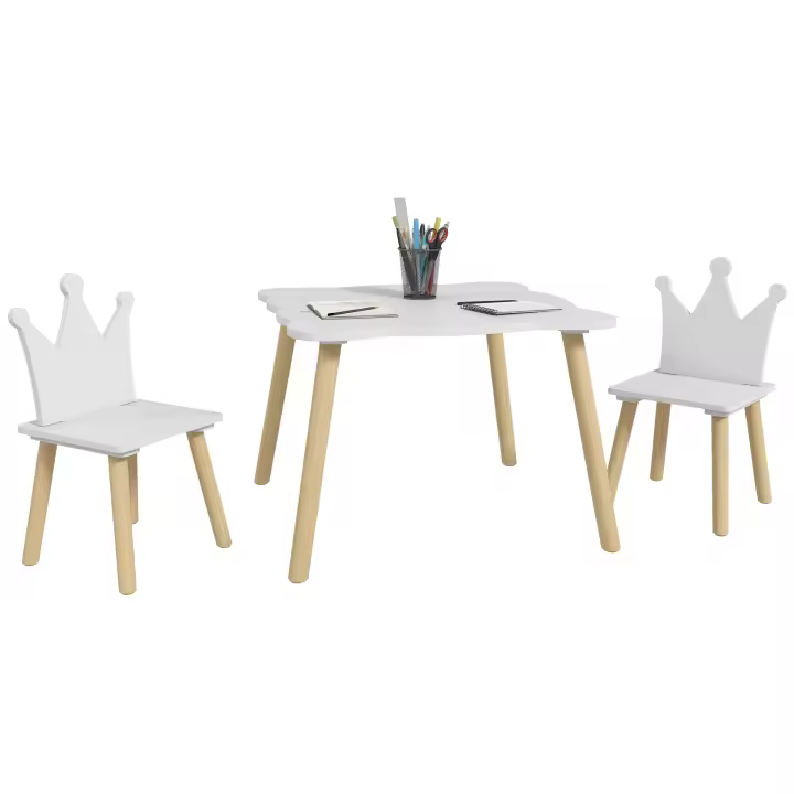 AIYAPLAY Mesa y Sillas Infantiles de 3 Piezas Mesa Infantil con 2 Sillas con Respaldo en Forma de Corona para Niños de 3-6 Años para Sala de Juegos Dormitorio Guardería Blanco - 1