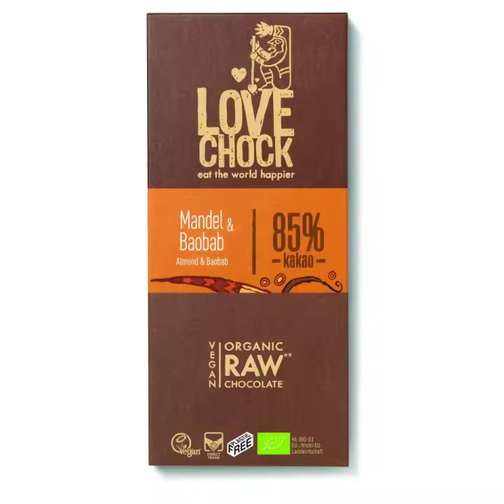 Lovechock - Tableta de Chocolate Negro 85% con Almendra y Baobab - Ecológico, sin azúcar refinada, y sin gluten - 1
